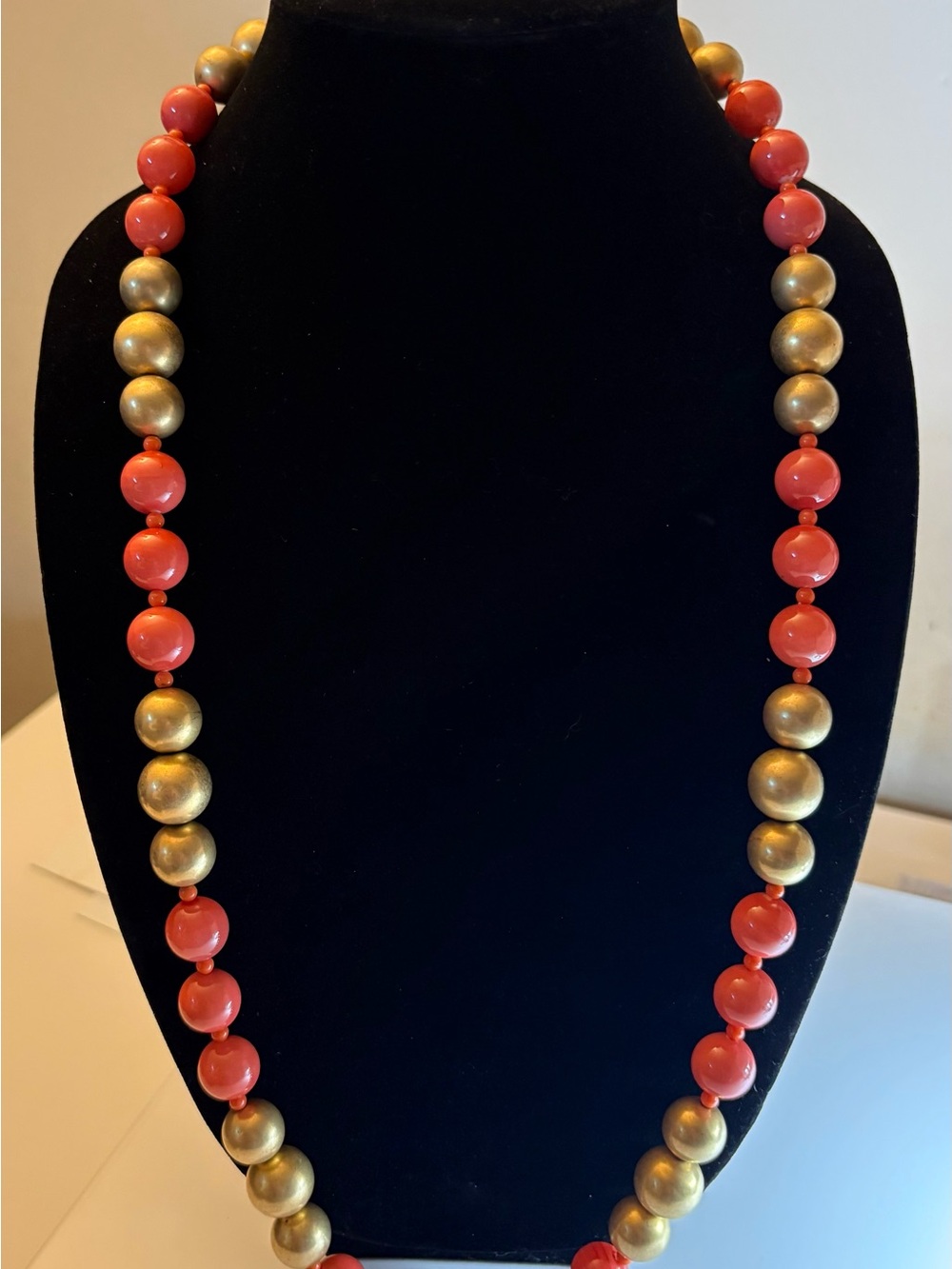 Kenneth Lane Vintage Faux Coral Orange and Matte Gold Bead Sautoir Necklace